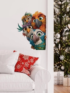 Vibrant cartoon 3D bird wall stickers displayed on white living room wall decor