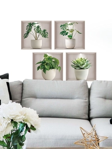Detailed 3D wall stickers showing green potted plants with realistic lighting effect