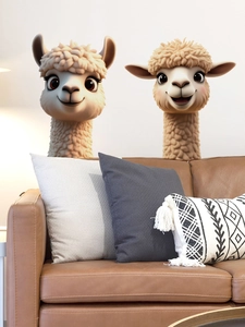 Close-up of cute cartoon alpaca wall stickers with 3D fur texture for home decor