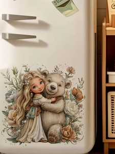 Detail of girl hugging bear wall sticker on a white fridge with warm floral accents