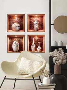 Detailed close-up of 3D vase wall stickers with elegant floral patterns in recessed wall niches