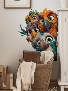 Detail of four colorful cartoon birds peeking from a white wall edge for home decor