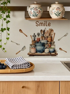 Detailed kitchen wall decal featuring illustrated spice jars and utensils with Smile text