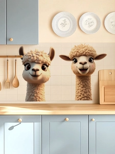 Close-up of cute 3D cartoon alpaca wall stickers applied on kitchen tile surfaces