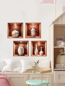 Detail of 3D vase wall stickers with white porcelain plum patterns and red brick accents