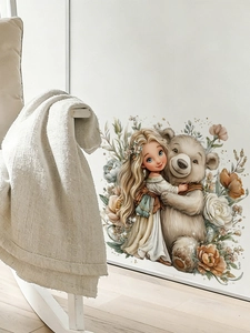 Detailed view of girl hugging bear wall sticker with soft flowers for kid's room decor