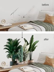 Detail of waterproof green leaf wall stickers showing before and after palm leaf decor