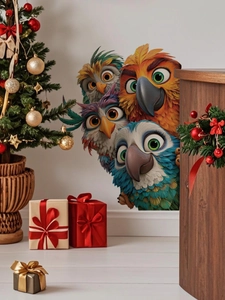 Detailed view of colorful cartoon bird wall stickers in a cozy Christmas living room scene