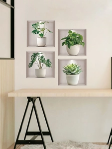 Detailed view of 4-piece 3D wall stickers featuring green potted plants in 3D alcoves