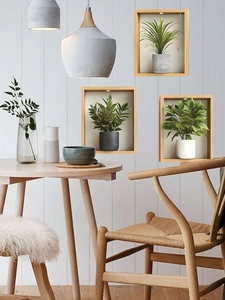 Three-piece set of 3D lifelike green potted plant wall stickers in modern wooden frames