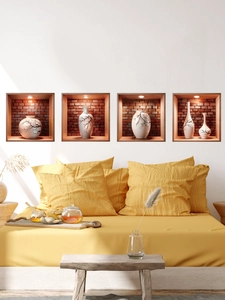 Detailed close-up of 3D vase wall stickers featuring plum blossom patterns in alcoves