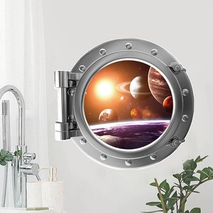 3D outer space window wall sticker with realistic planet view and metal porthole frame