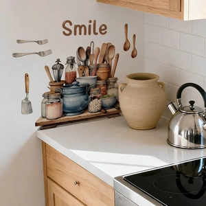 Smile Kitchen Utensils Wall Sticker PVC Waterproof Self Adhesive Spices Pot Cutlery DIY Wall Decal For Kitchen Decor