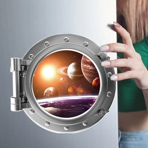3D space window wall sticker with realistic planet view and metallic porthole frame