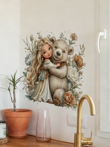 Detail of cartoon girl and brown bear wall sticker on white wall with floral decor