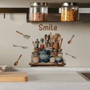 Waterproof PVC kitchen wall decal with spice jars and smile text on grey wall