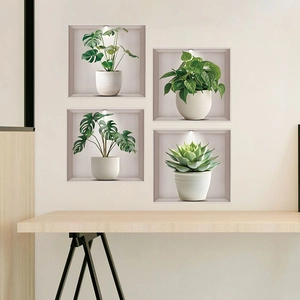 3D potted plant wall stickers in PVC for living room decor with monstera and succulents