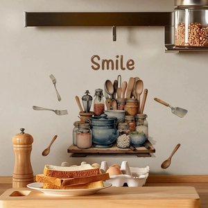 Self-adhesive kitchen wall stickers with spice bottles, utensils, and Smile text