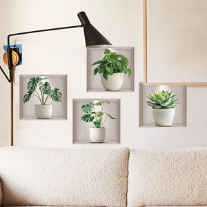 3D potted plant wall stickers set with monstera and succulents for home decoration