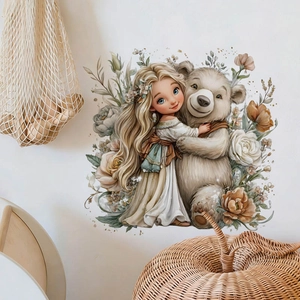 Cute Cartoon Girl Hugging Bear PVC Wall Sticker Waterproof Watercolor Flower Illustration For Kids Nursery Bedroom Decor
