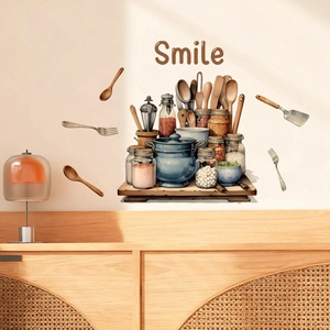 Kitchen wall decals with watercolor spice jars and Smile quote for cabinet decor