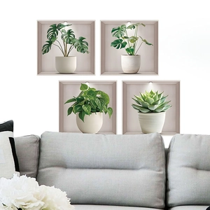 Set of 4 3D potted plant wall stickers featuring monstera and succulents on white wall