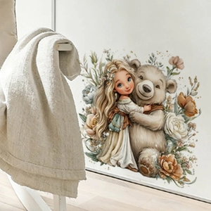 Girl hugging bear wall sticker with vintage floral motifs for kids bedroom decor