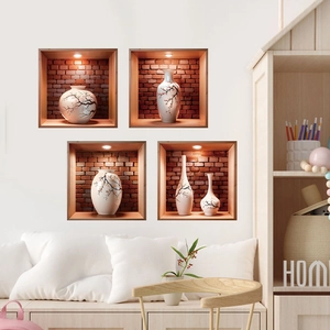 Set of 4 3D stereoscopic vase wall stickers with red brick background and warm lighting
