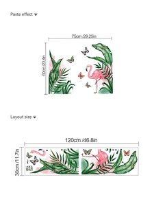 Detail showing tropical flamingo and leaf wall sticker layout and application size guide