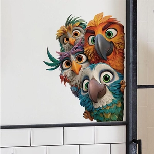 3D cartoon birds wall decals with colorful owls peering over edge for home decor