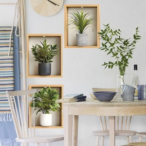 3D wooden wall frames with artificial plants and LED lights for home decor