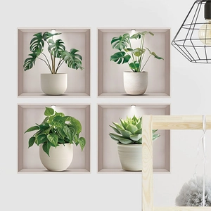 3D potted plant wall decals set with realistic monstera and succulents for home decor