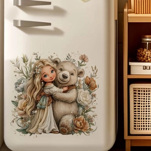 Cute girl hugging grey bear wall decal with roses for home nursery wall decoration