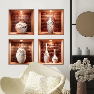 3D stereo vase wall stickers with 4-piece ceramic design and vintage brick background