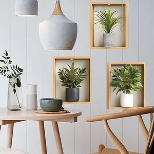 3D potted green plants wall art stickers with wooden frames and LED lighting effect