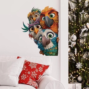Vibrant 3D cartoon parrot wall stickers showing colorful birds peeking from a white wall