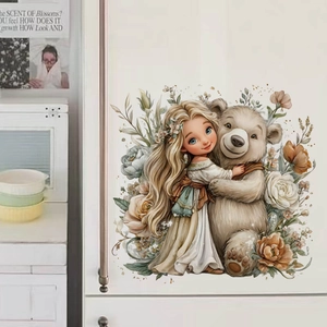 Watercolor girl hugging teddy bear wall sticker with floral accents for home decor