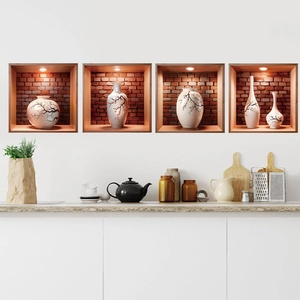 3D self-adhesive PVC wall stickers featuring Chinese style vases in wooden niches