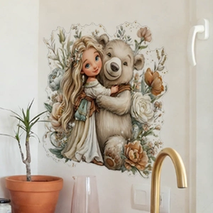 Cartoon wall sticker with girl hugging a bear and vintage flowers for room decor