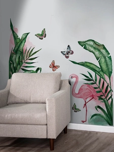 Detailed wall sticker featuring watercolor pink flamingos, green leaves, and butterflies