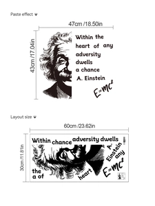 Detail view of Einstein wall sticker layout showing dimensions and application size
