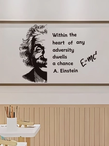 Detailed view of Albert Einstein wall decal with E=mc2 formula on a clean office wall