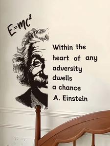 Detail of Albert Einstein wall sticker silhouette with E=mc2 formula and quote on white wall