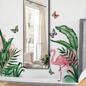 Tropical wall stickers with pink flamingo, green leaves and butterflies for home decor