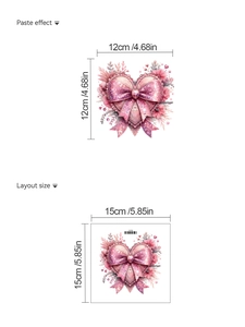 Pink bow heart wall sticker detail showing paste effect and layout dimensions 12x12cm