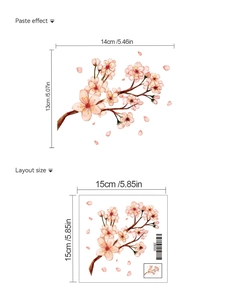 Detailed view of pink cherry blossom wall switch stickers with dimensions and layout