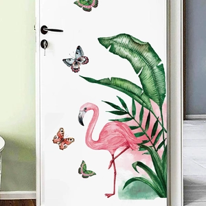 Tropical watercolor wall stickers featuring pink flamingo, green palm leaves and butterflies