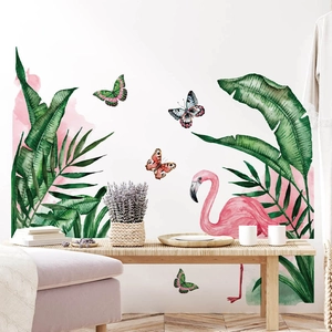 Tropical rainforest wall sticker featuring pink flamingo, green leaves and butterflies
