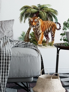 Detail of realistic tiger and palm tree wall sticker for tropical bedroom decoration