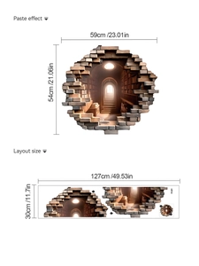 Detailed 3D wall sticker layout and paste effect showing dimensions for the library corridor